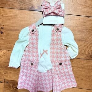 Tahari Baby Pink Houndstooth Dress Set with Bow and Tights